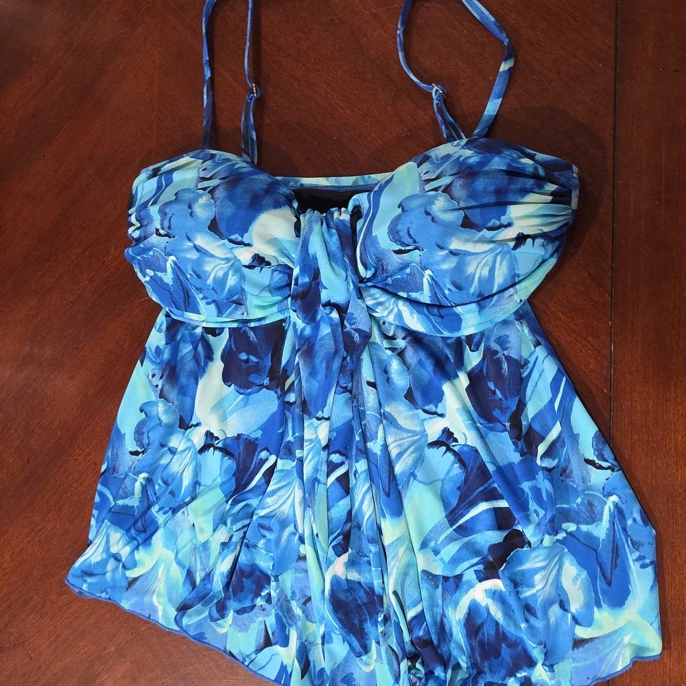 (J29) A Shore Fit Swim Top Blue Floral Spaghetti Strap Top Sz 12